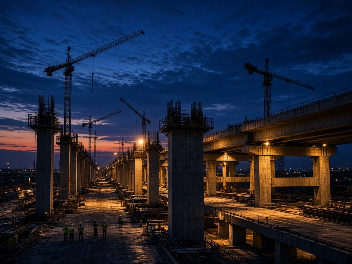 Large-scale infrastructure construction at dusk with cranes and elevated corridors