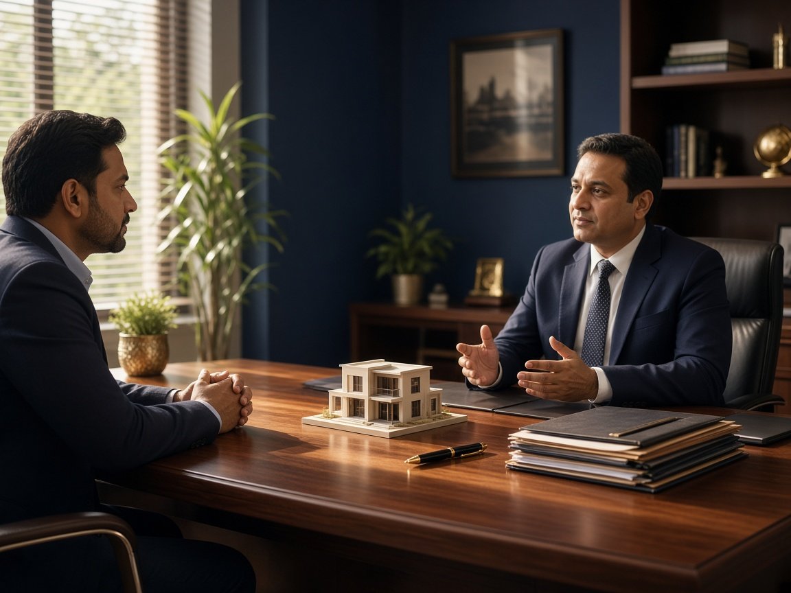 Finance desk with files and a house model in warm office light