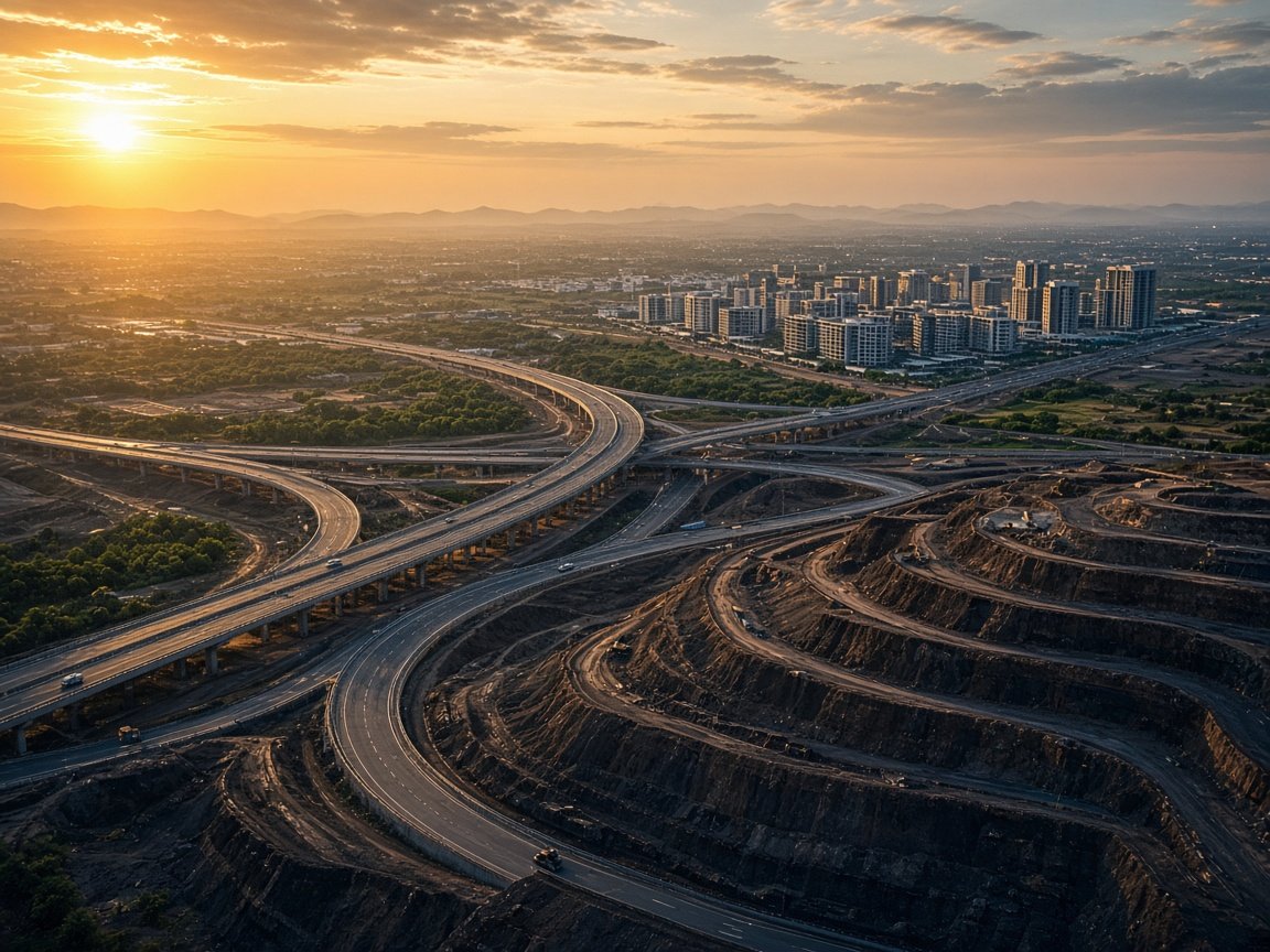 Infrastructure, construction and resource landscape at golden hour