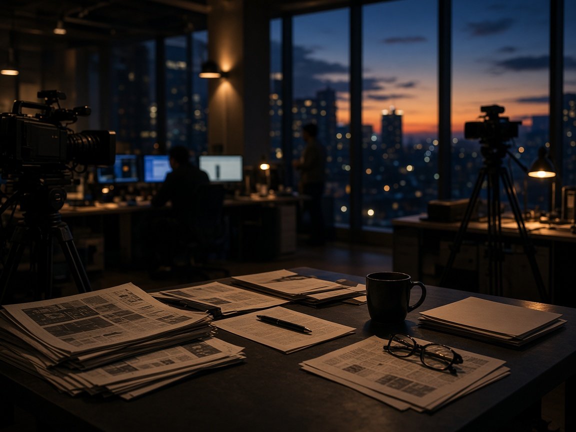 Editorial newsroom and media desk at dusk