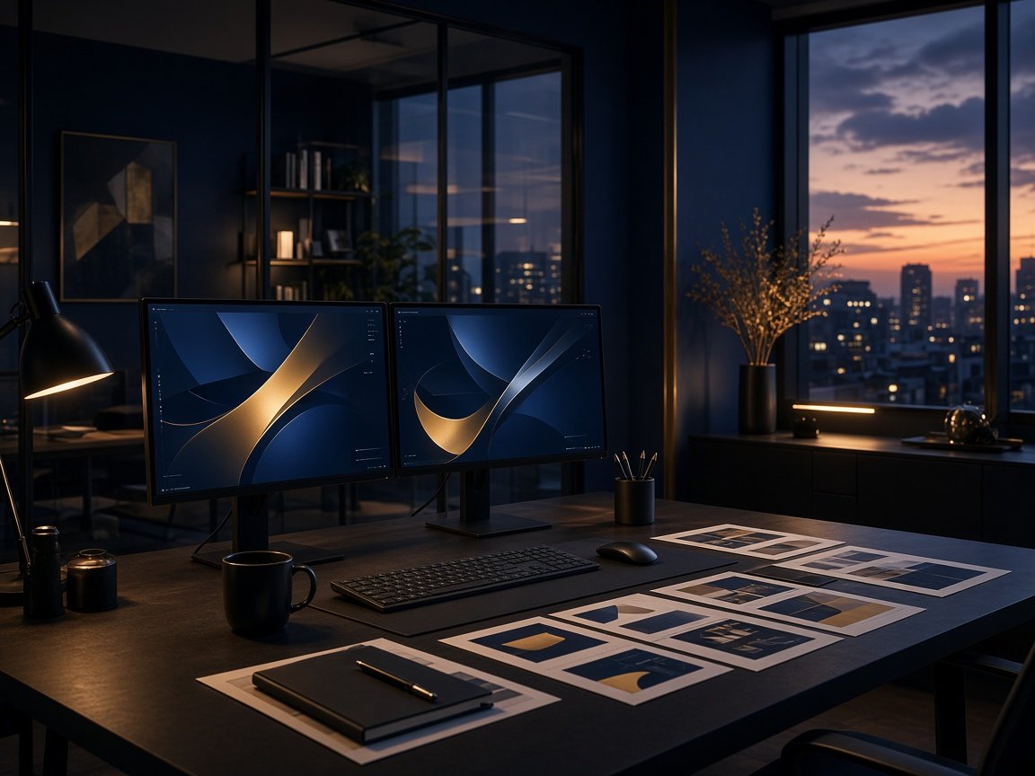 Premium digital studio with screens and design work at dusk