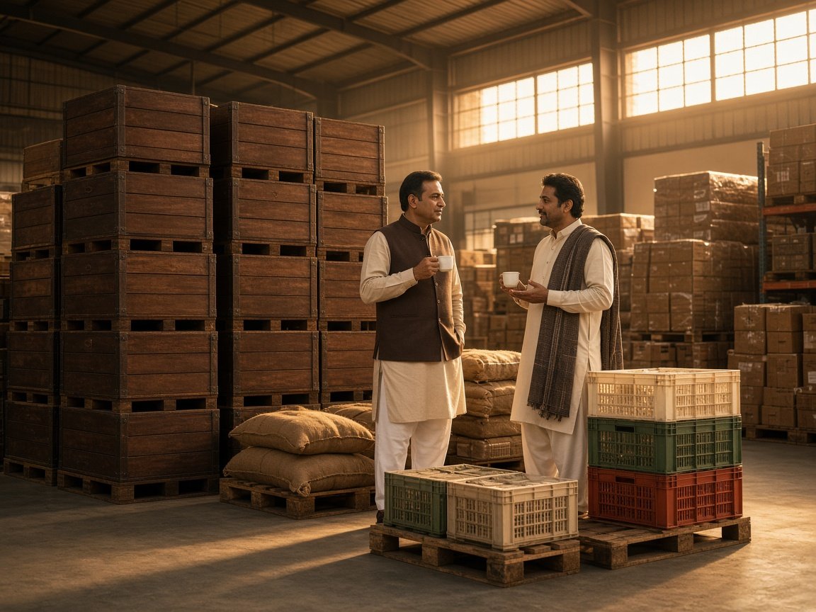 Wholesale trading warehouse with tea and dairy goods in warm light