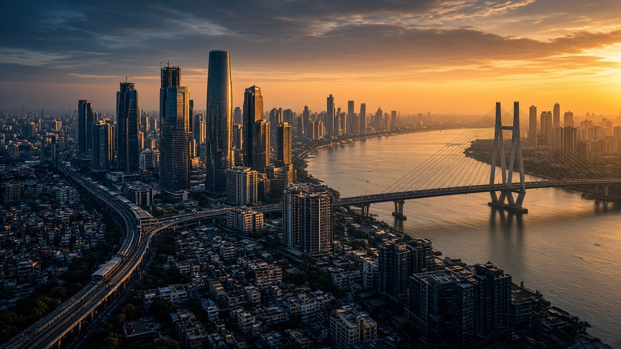 Aerial view of a modern Indian city skyline, bridges and infrastructure at golden hour
