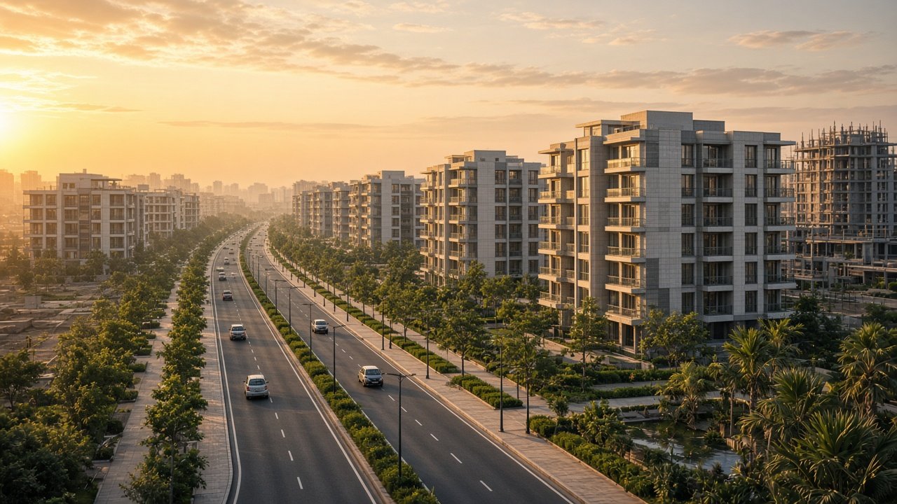Mixed-use township concept with landscaped boulevard at golden hour
