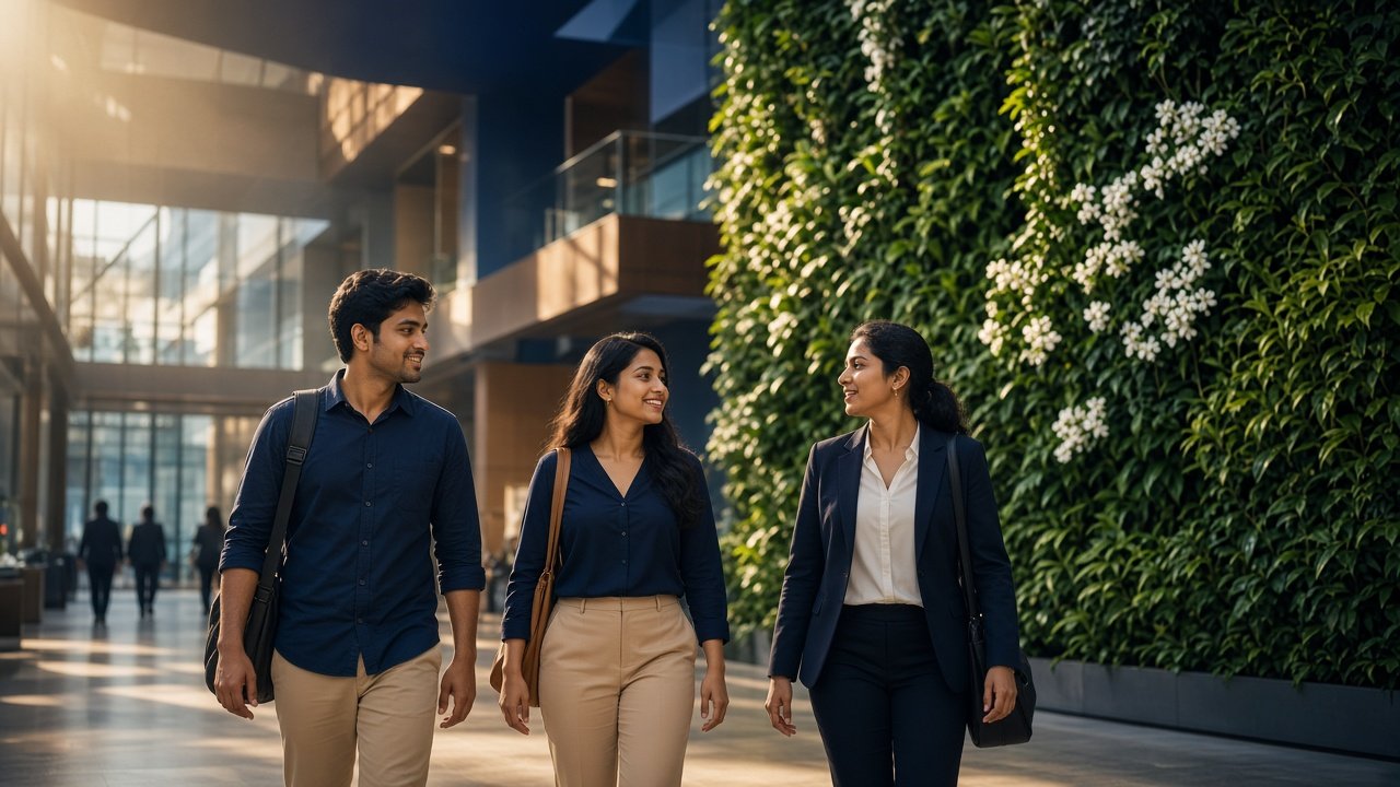 Professionals walking through a sunlit contemporary office atrium