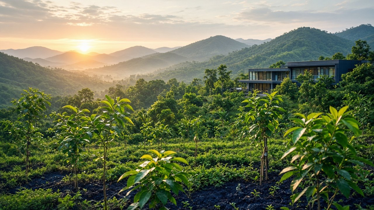 Young trees and green landscape at sunrise