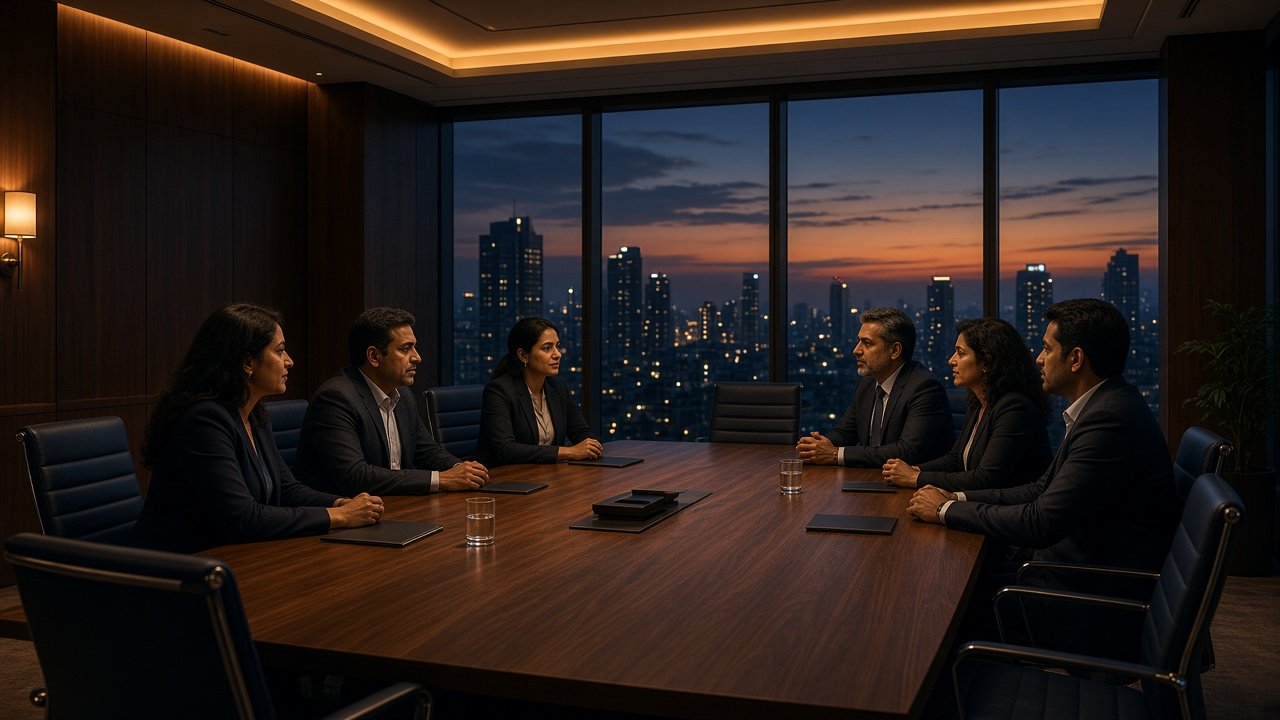 Corporate leadership discussion in a modern boardroom overlooking the city