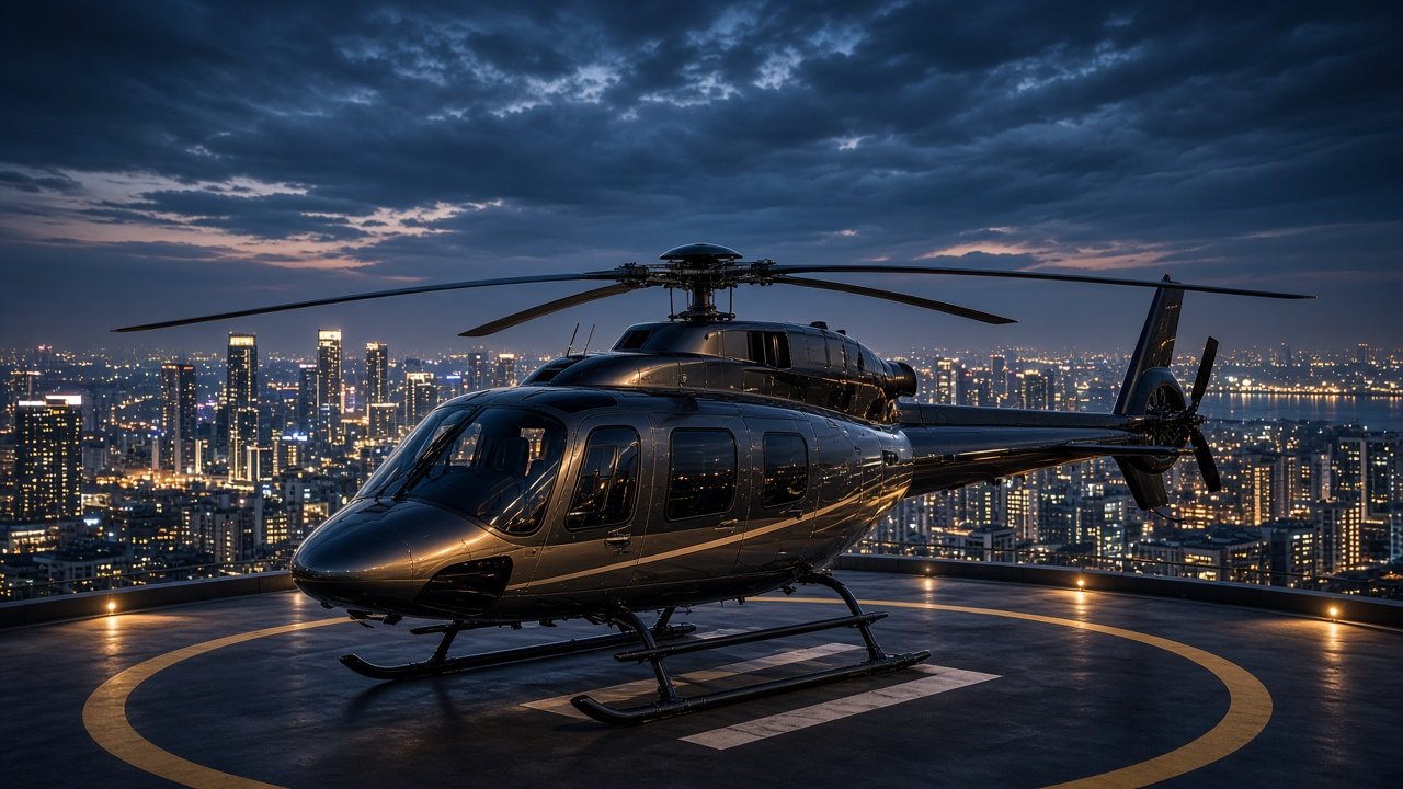 Helicopter on a city helipad at dusk