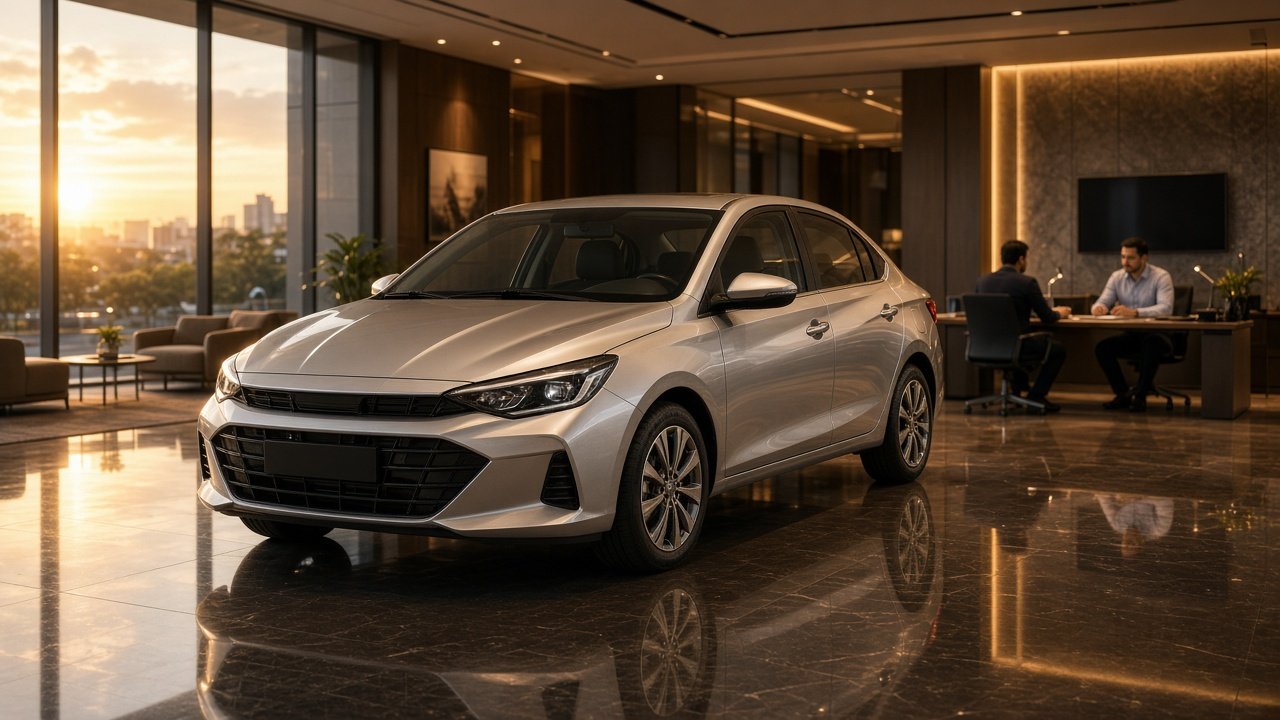 New car in a premium showroom with a finance desk in the background
