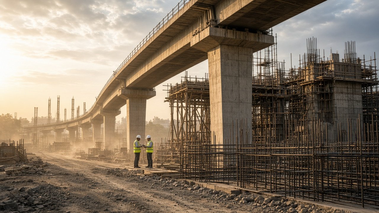 Civil construction of a concrete span with site activity