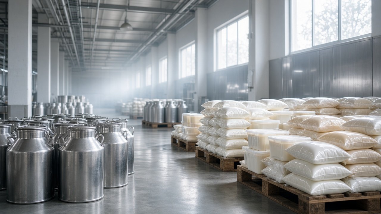 Clean dairy wholesale facility with milk cans and packed products