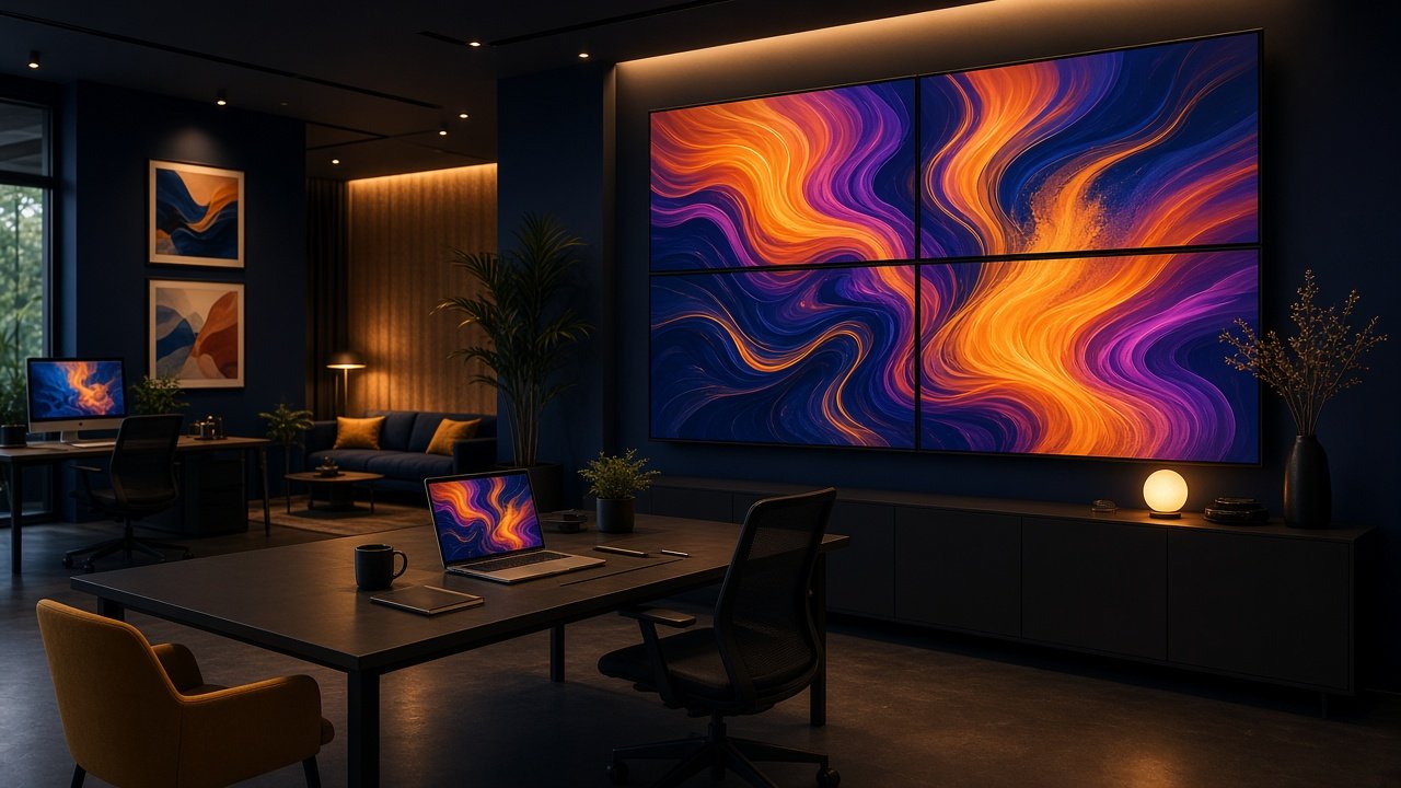 Digital marketing studio with campaign visuals on large screens