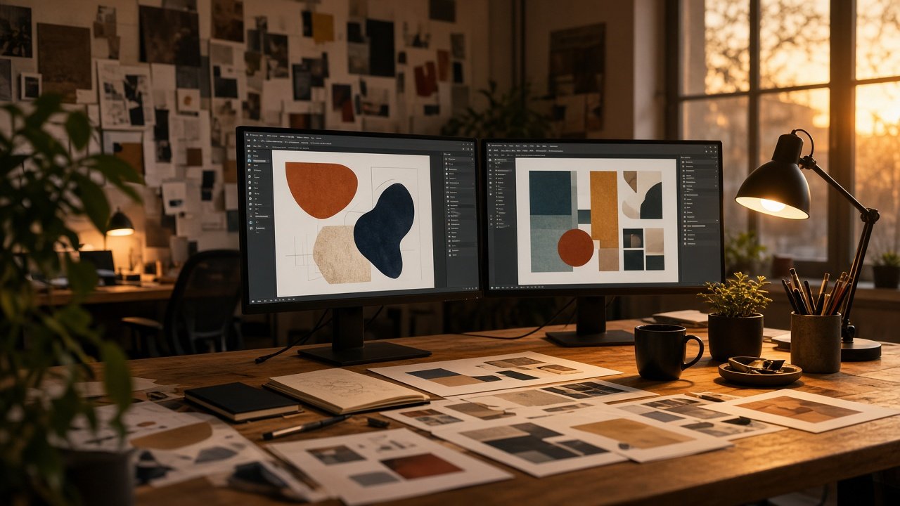 Graphic design studio with screens, moodboards and warm evening light