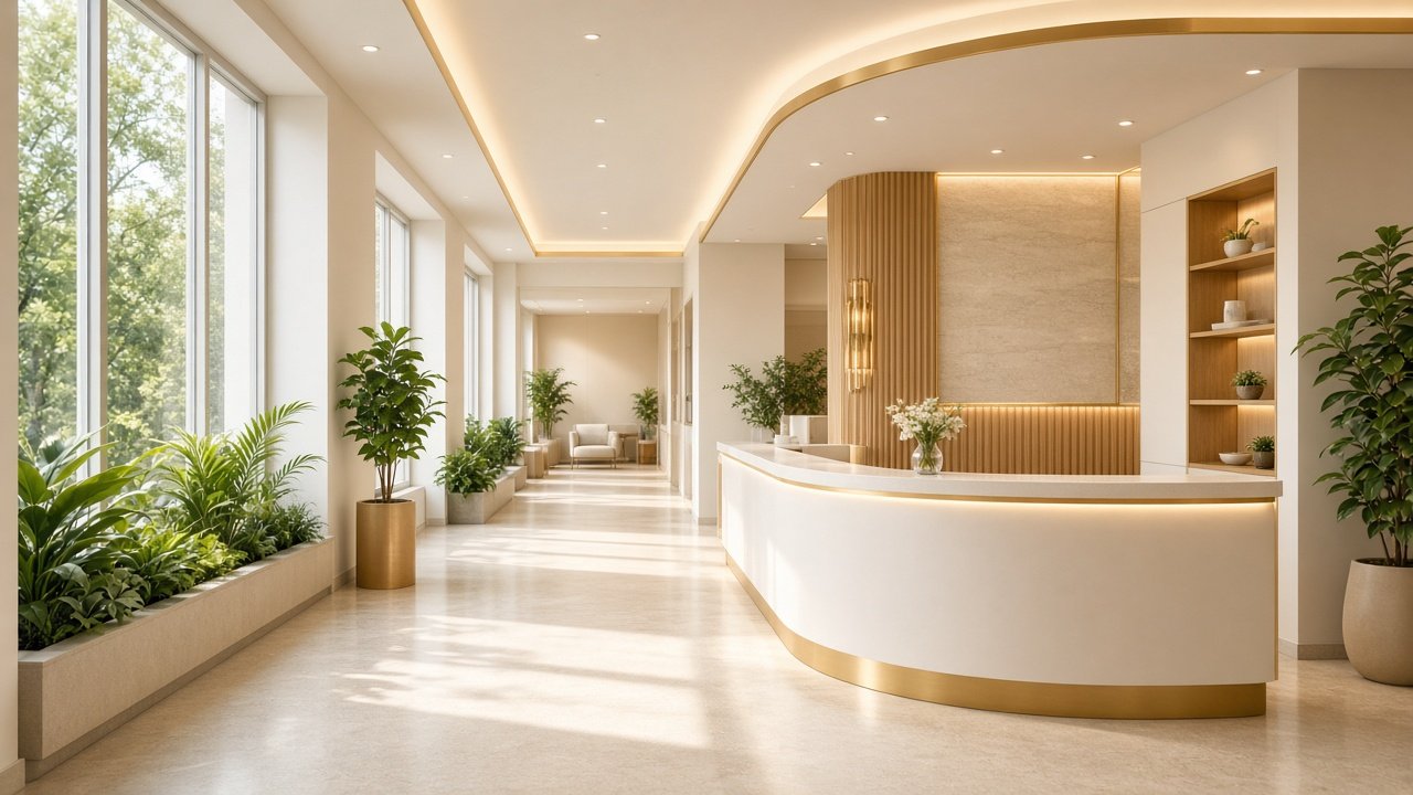 Bright modern clinic corridor and reception in warm natural light