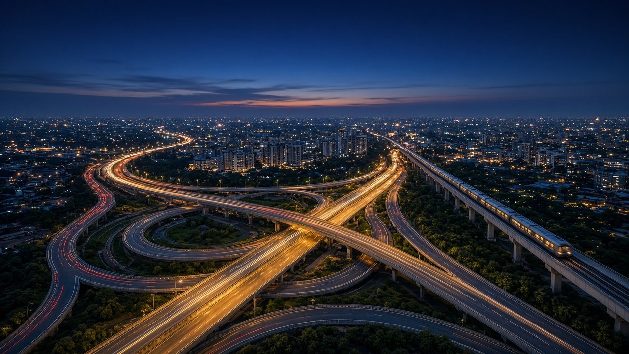 Twilight view of a highway interchange and transit corridor