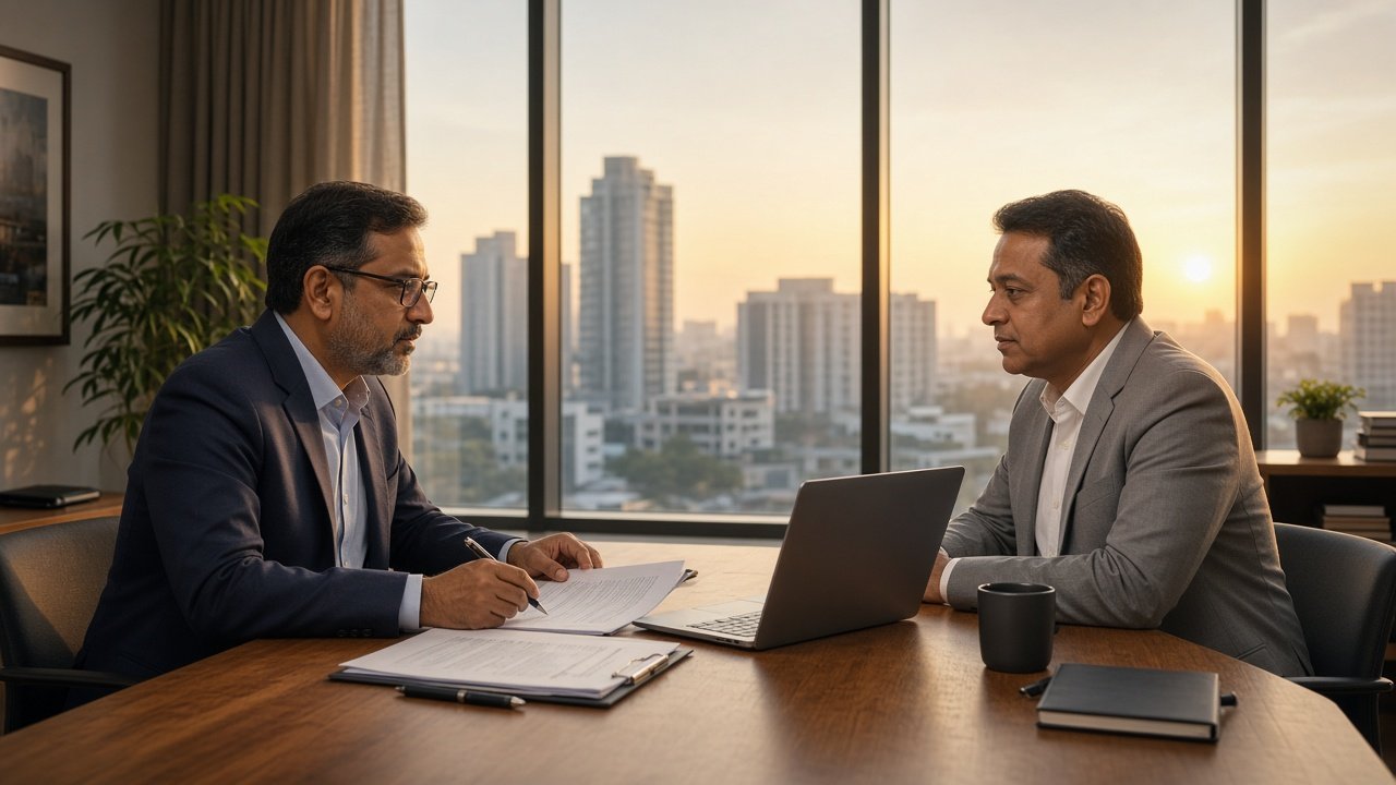 Professional insurance advisory desk in a contemporary office at golden hour