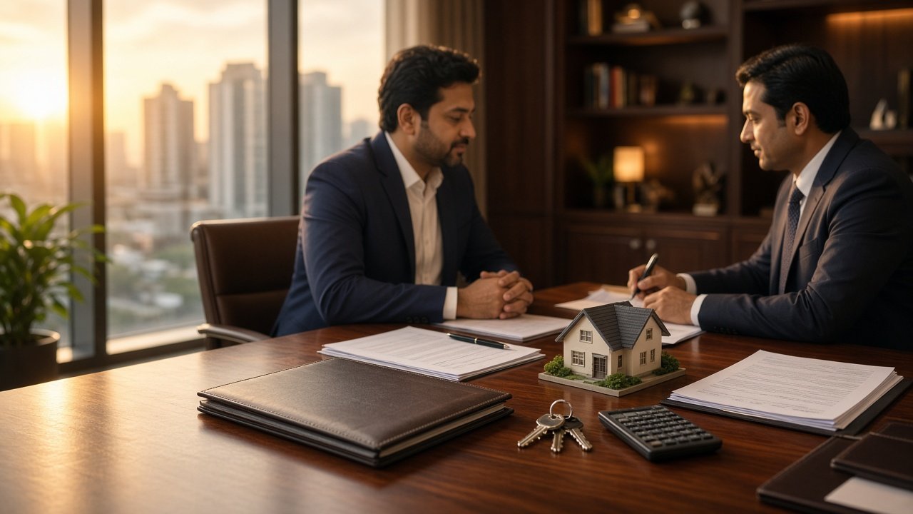 Finance desk with loan files and a house model in warm office light