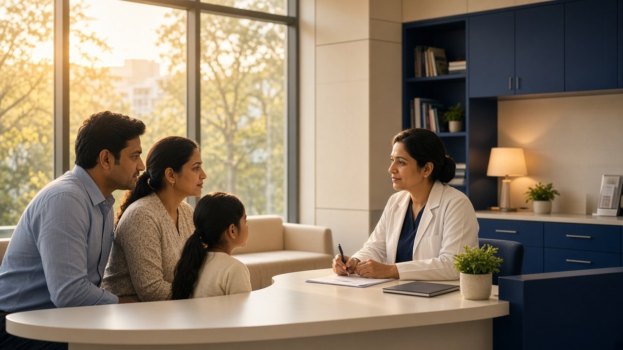 Family speaking with a healthcare professional at a calm hospital desk