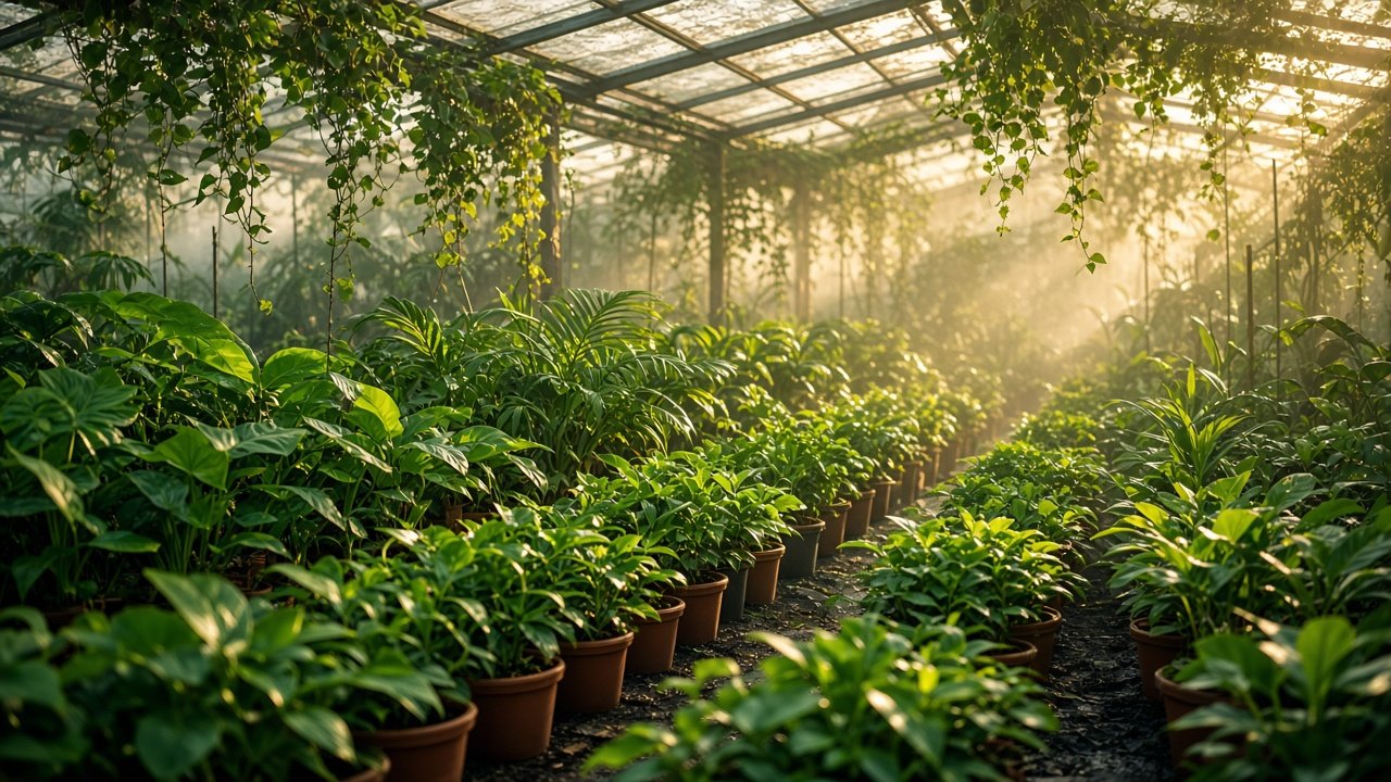 Greenhouse nursery with dense rows of plants