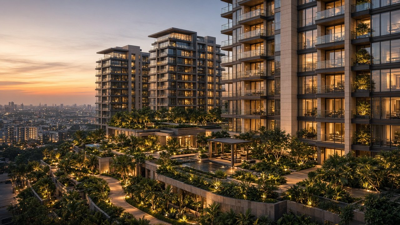 Contemporary mixed-use real estate development with landscaped podium gardens