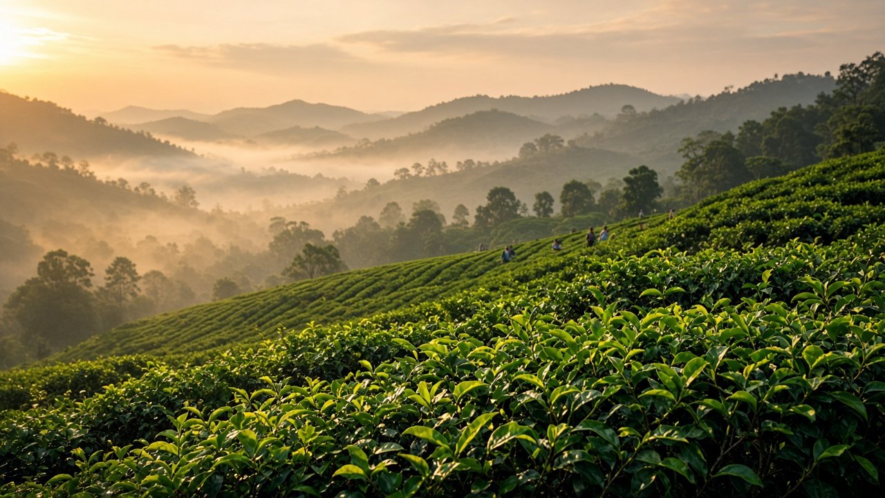 Rolling Indian tea gardens in golden morning mist