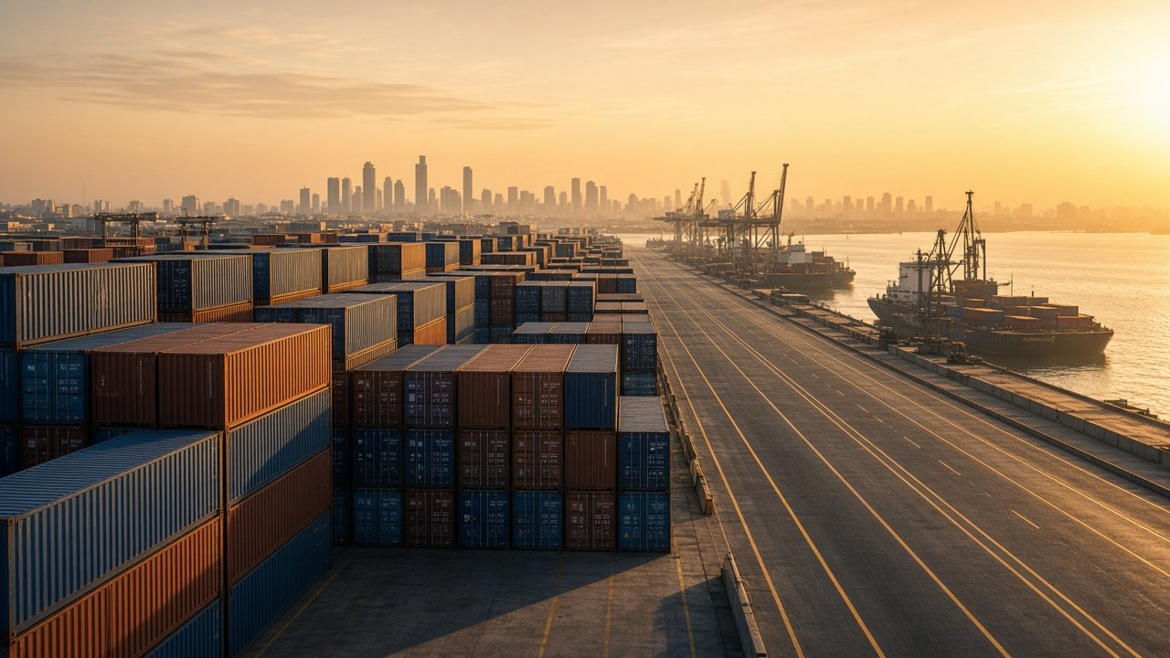 Port logistics and organised cargo movement at golden hour